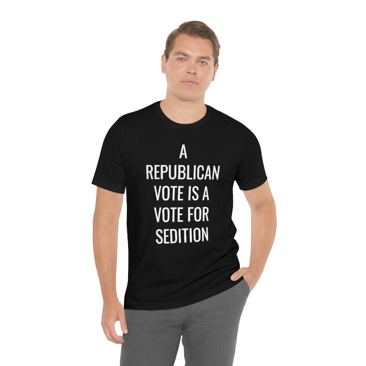 REPUBLICAN VOTE = SEDITION Unisex Jersey Short Sleeve Black Tee (SirTalksALot Exclusive)