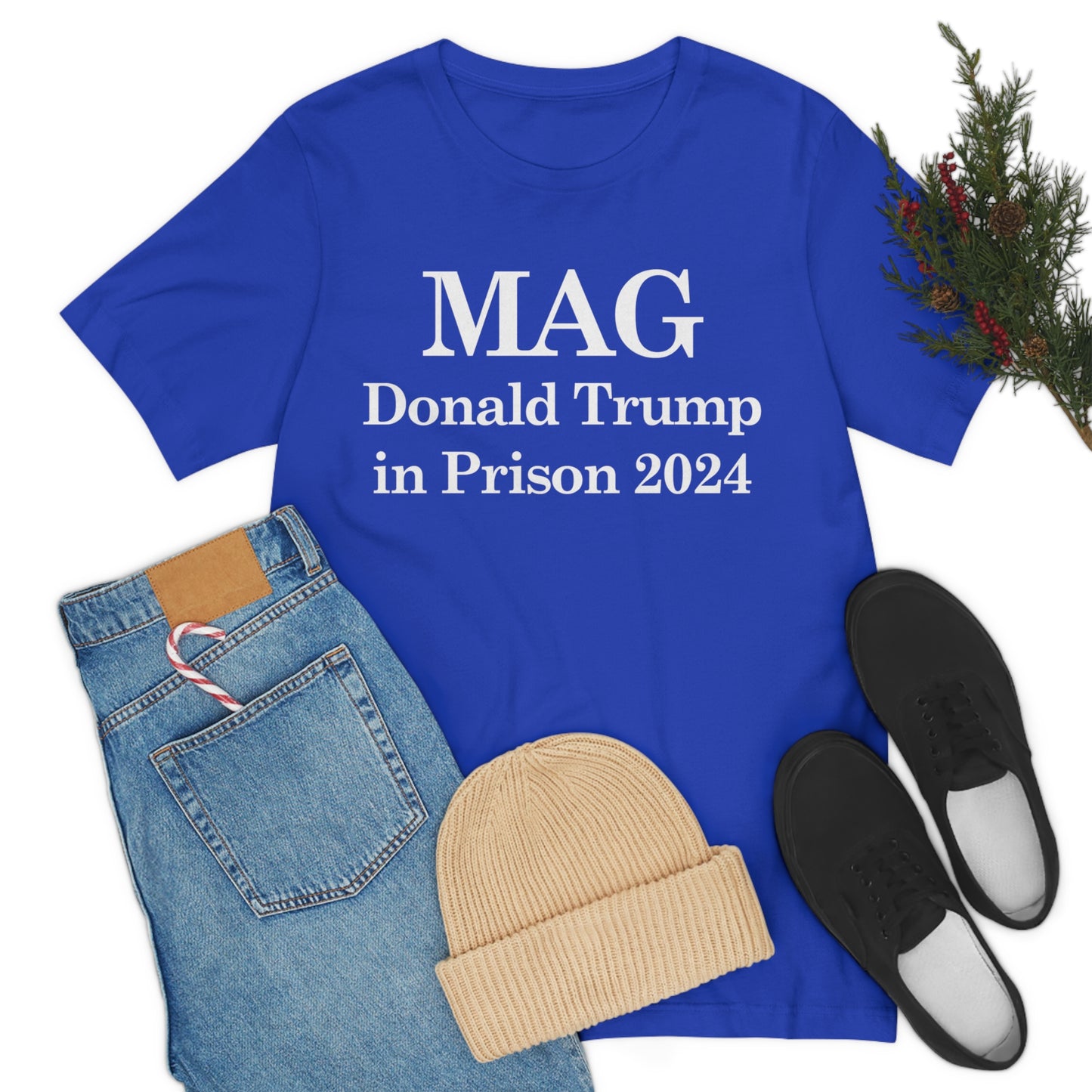 MAG: Donald Trump in Prison by 2024 Unisex Jersey Short Sleeve Blue/Red Tee (SirTalksALot Exclusive)