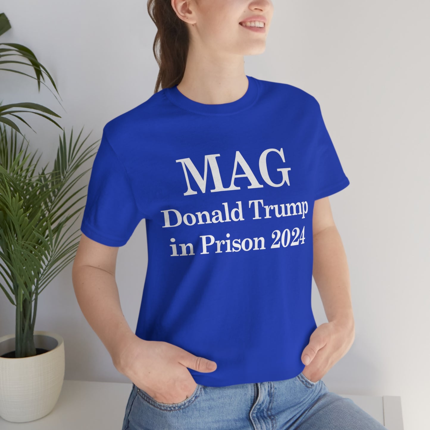 MAG: Donald Trump in Prison by 2024 Unisex Jersey Short Sleeve Blue/Red Tee (SirTalksALot Exclusive)