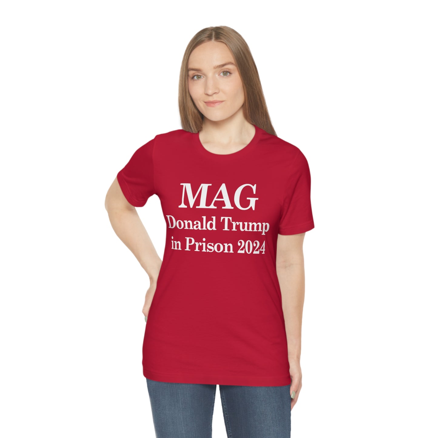 MAG: Donald Trump in Prison by 2024 Unisex Jersey Short Sleeve Blue/Red Tee (SirTalksALot Exclusive)