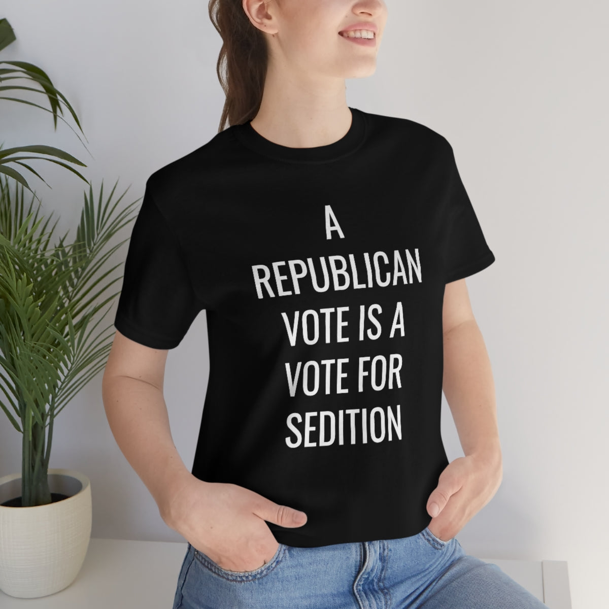 REPUBLICAN VOTE = SEDITION Unisex Jersey Short Sleeve Black Tee (SirTalksALot Exclusive)