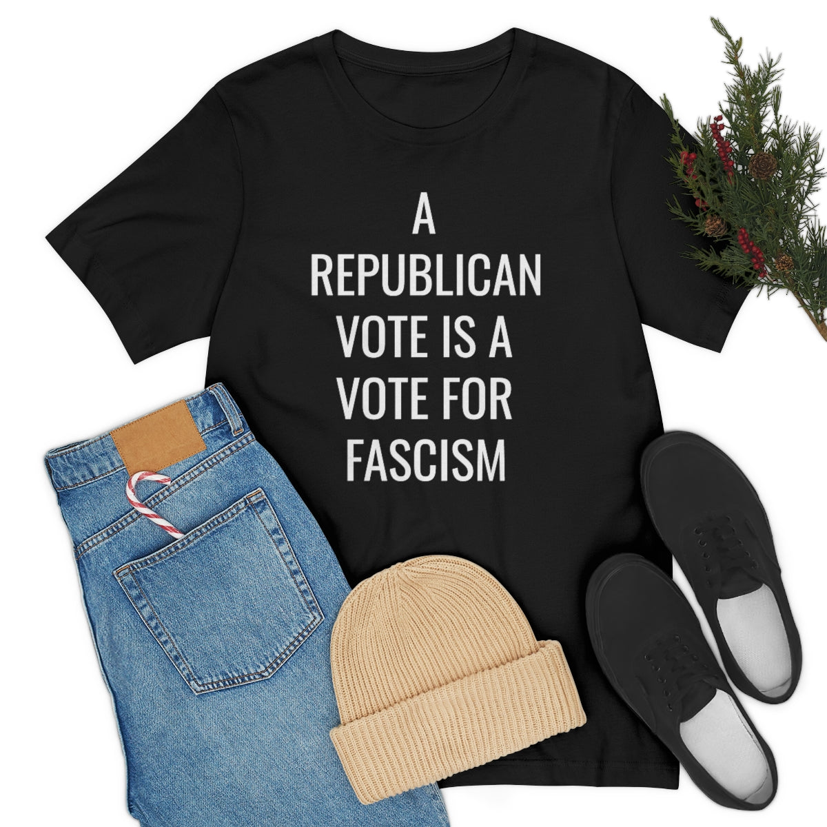 REPUBLICAN VOTE = FASCISM Unisex Jersey Short Sleeve Black Tee (SirTalksALot Exclusive)