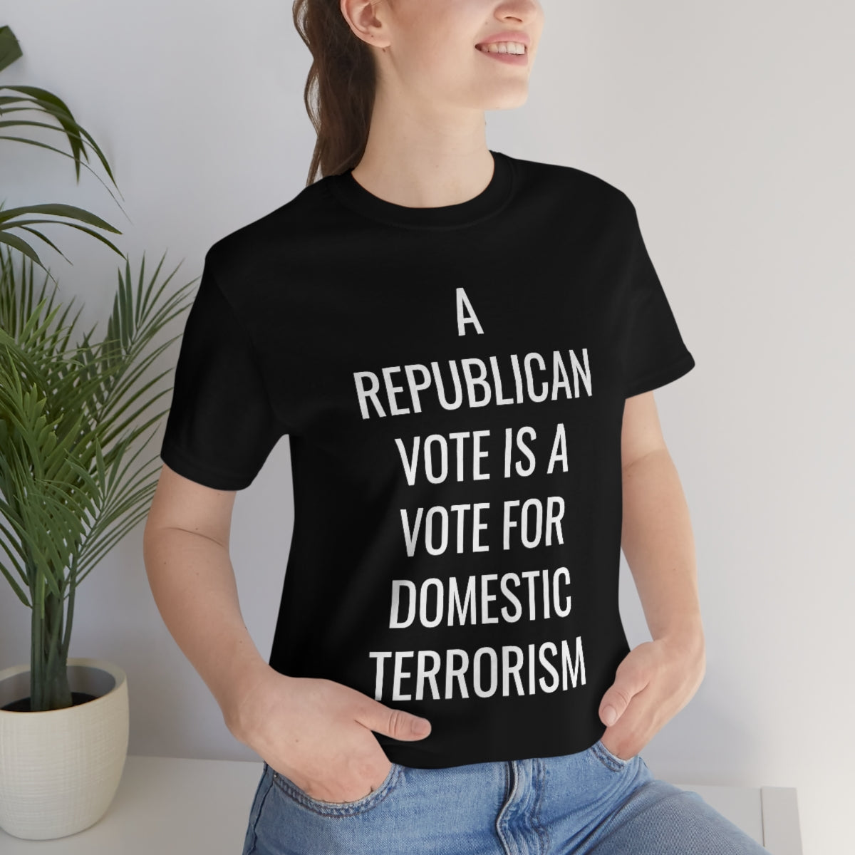 REPUBLICAN VOTE = DOMESTIC TERRORISM Unisex Jersey Short Sleeve Black Tee (SirTalksALot Exclusive)