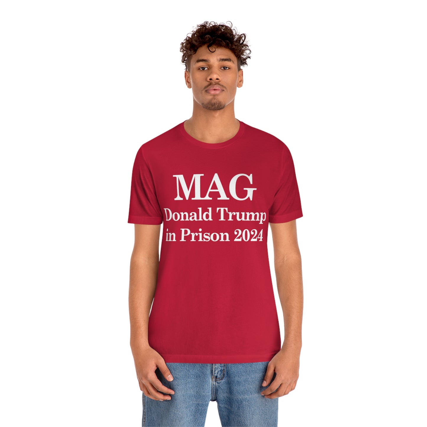 MAG: Donald Trump in Prison by 2024 Unisex Jersey Short Sleeve Blue/Red Tee (SirTalksALot Exclusive)