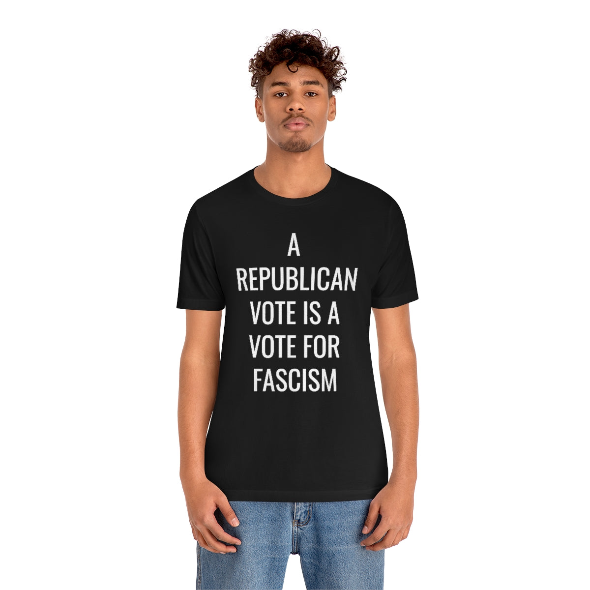 REPUBLICAN VOTE = FASCISM Unisex Jersey Short Sleeve Black Tee (SirTalksALot Exclusive)