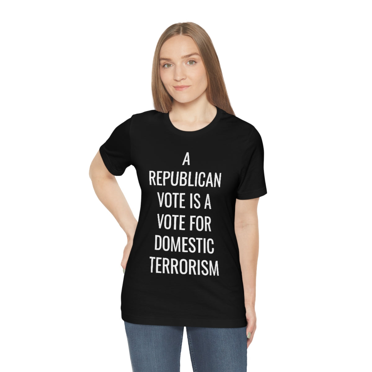 REPUBLICAN VOTE = DOMESTIC TERRORISM Unisex Jersey Short Sleeve Black Tee (SirTalksALot Exclusive)