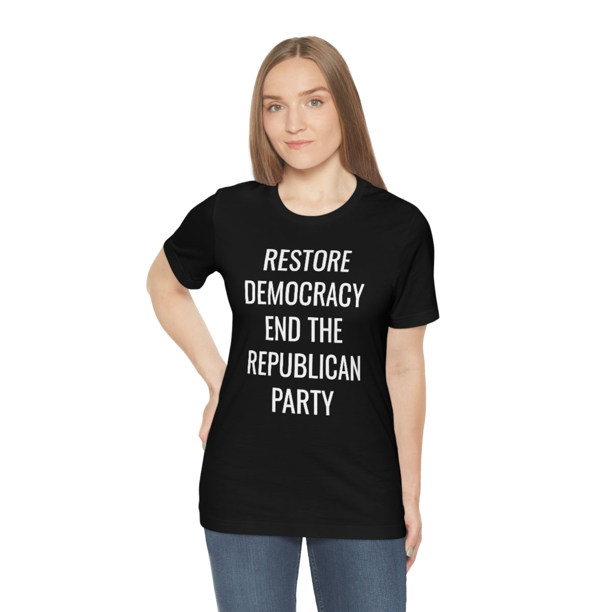 RESTORE DEMOCRACY... Unisex Jersey Short Sleeve Black Tee (SirTalksALot Exclusive)