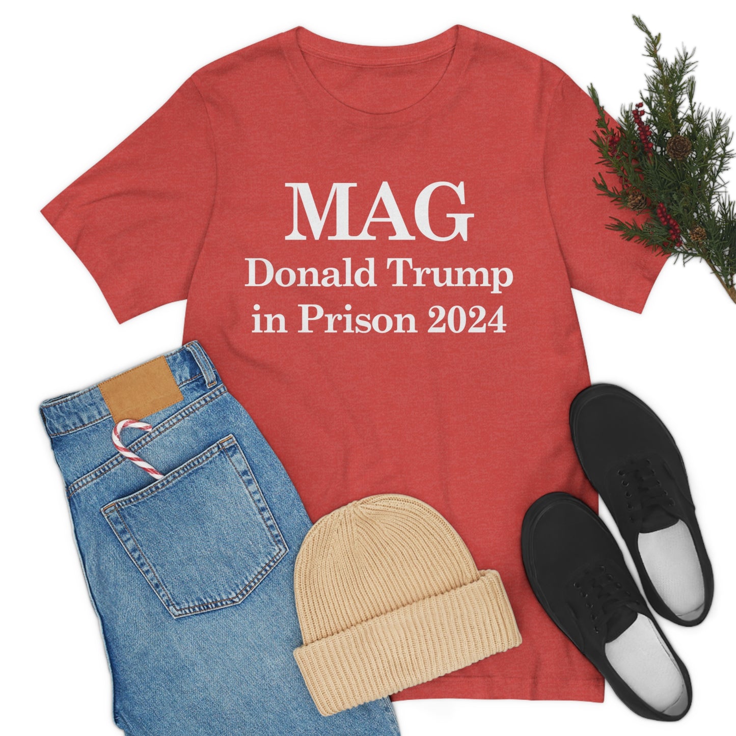 MAG: Donald Trump in Prison by 2024 Unisex Jersey Short Sleeve Blue/Red Tee (SirTalksALot Exclusive)