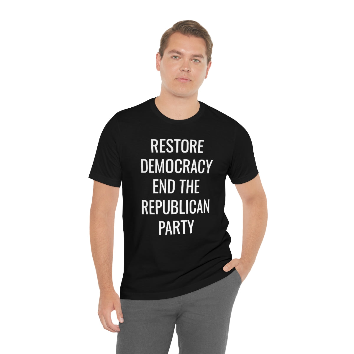 RESTORE DEMOCRACY... Unisex Jersey Short Sleeve Black Tee (SirTalksALot Exclusive)