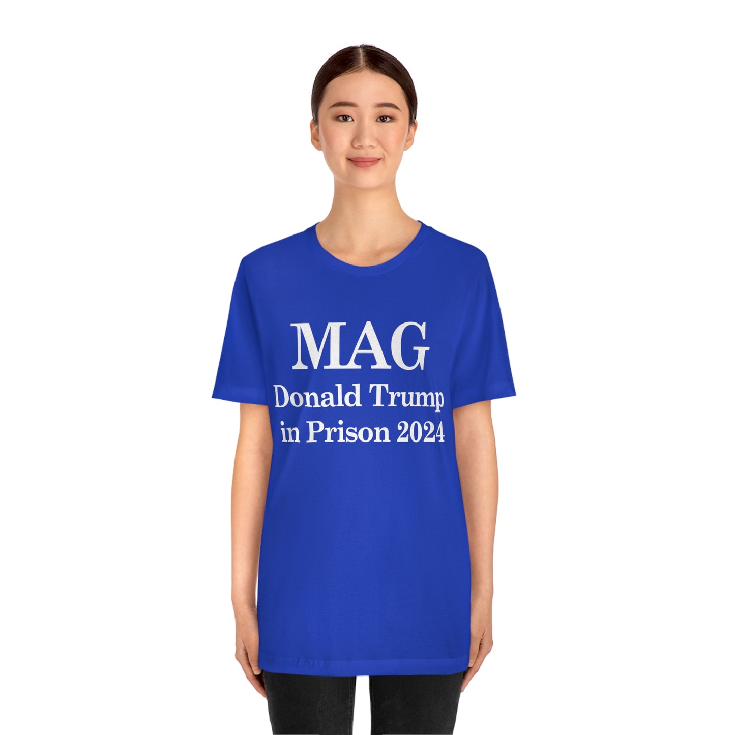 MAG: Donald Trump in Prison by 2024 Unisex Jersey Short Sleeve Blue/Red Tee (SirTalksALot Exclusive)