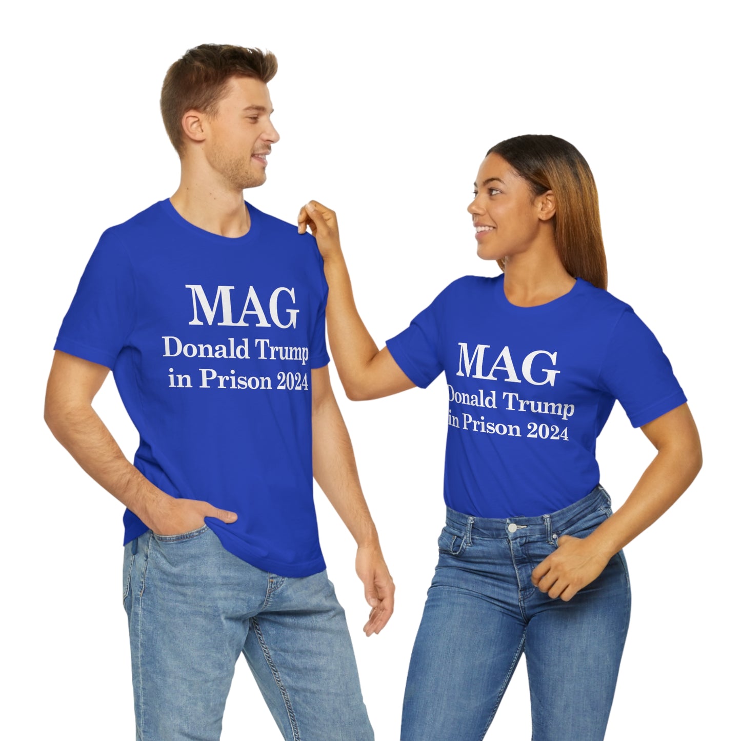 MAG: Donald Trump in Prison by 2024 Unisex Jersey Short Sleeve Blue/Red Tee (SirTalksALot Exclusive)