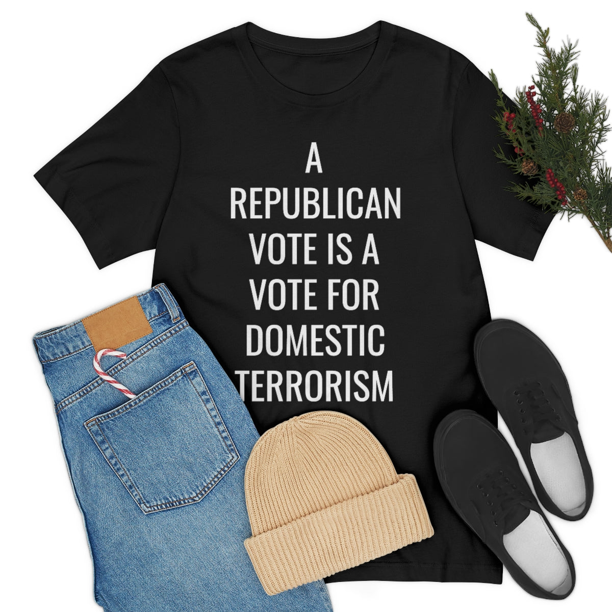 REPUBLICAN VOTE = DOMESTIC TERRORISM Unisex Jersey Short Sleeve Black Tee (SirTalksALot Exclusive)