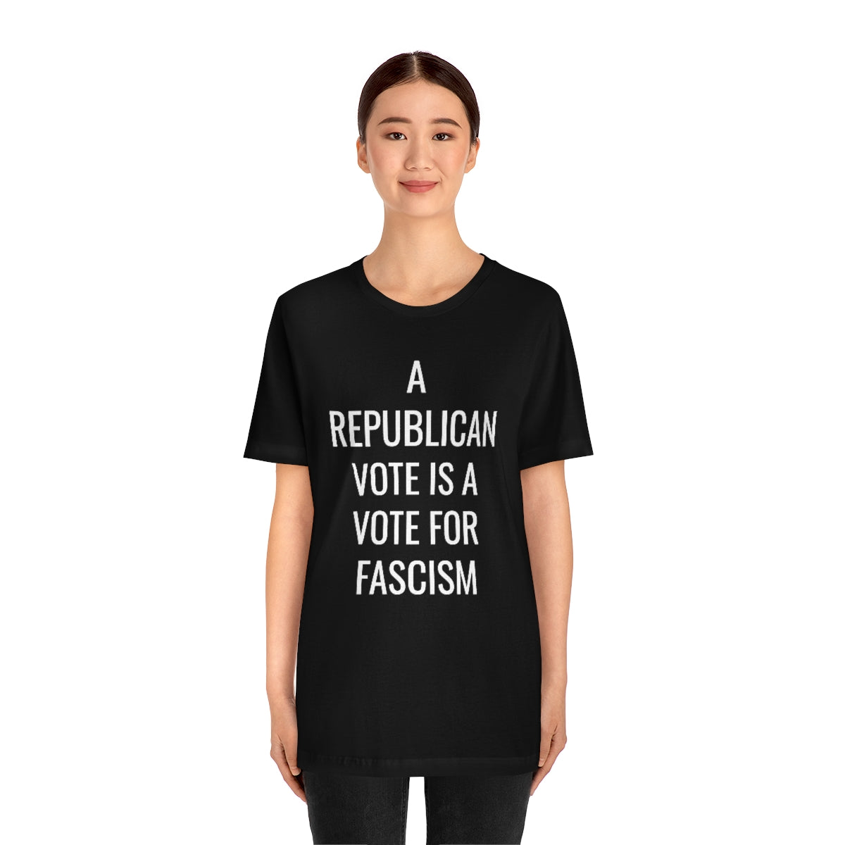 REPUBLICAN VOTE = FASCISM Unisex Jersey Short Sleeve Black Tee (SirTalksALot Exclusive)