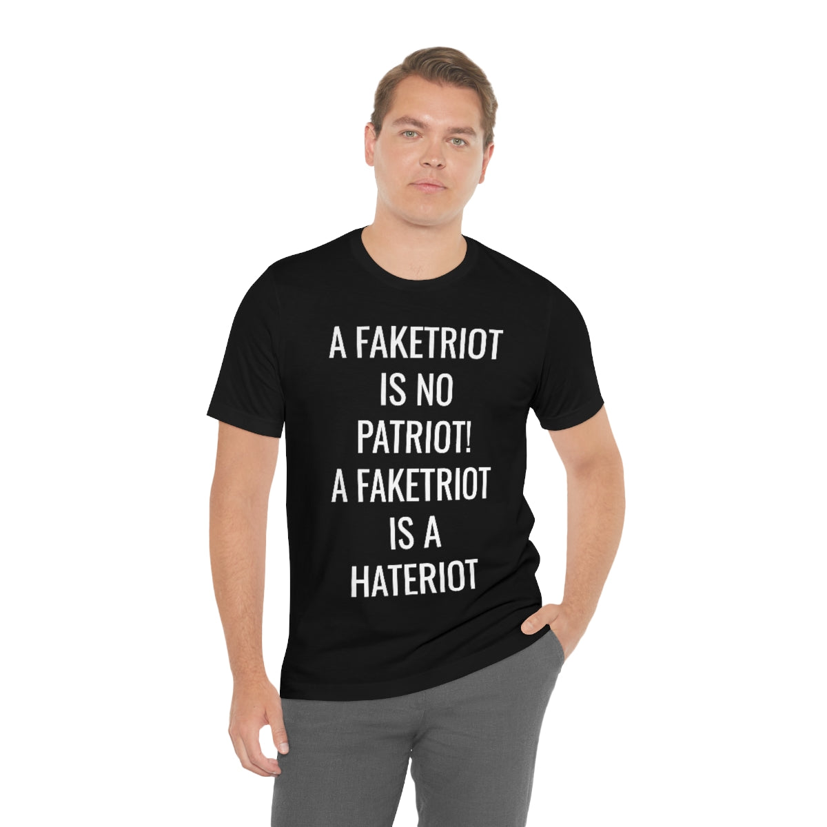 FAKETRIOT IS NO PATRIOT Unisex Jersey Short Sleeve Black Tee (SirTalksALot Exclusive)