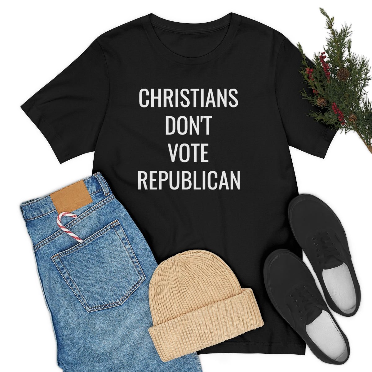 CHRISTIANS DON'T VOTE REPUBLICAN Unisex Jersey Short Sleeve Black Tee (SirTalksALot Exclusive)