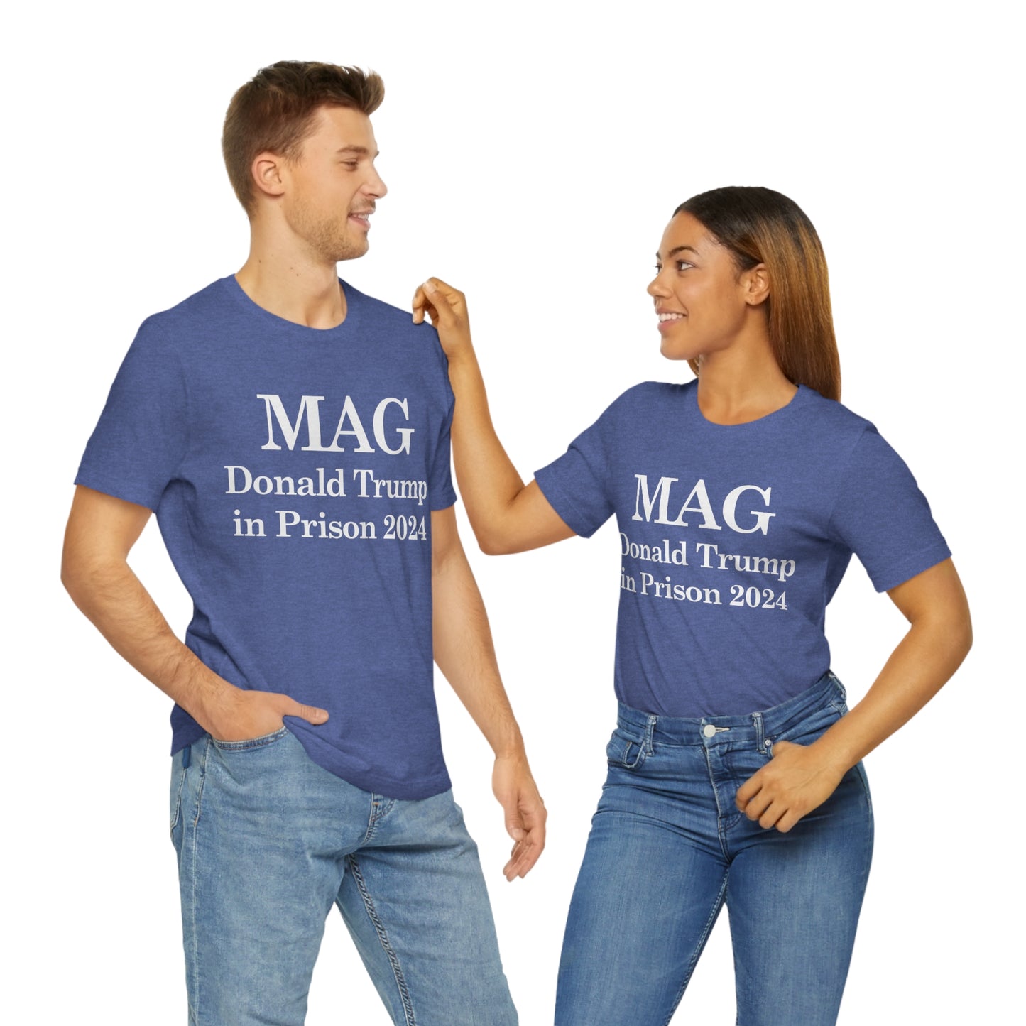 MAG: Donald Trump in Prison by 2024 Unisex Jersey Short Sleeve Blue/Red Tee (SirTalksALot Exclusive)