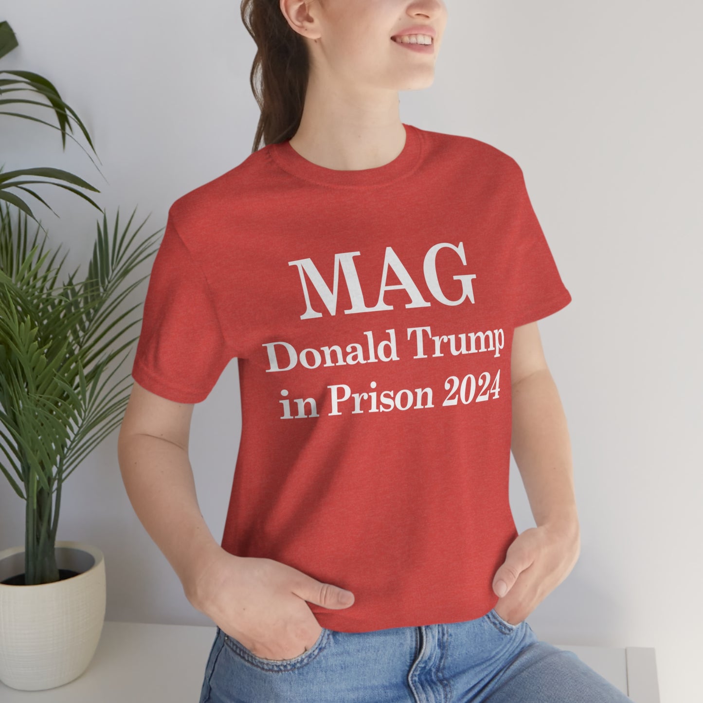 MAG: Donald Trump in Prison by 2024 Unisex Jersey Short Sleeve Blue/Red Tee (SirTalksALot Exclusive)