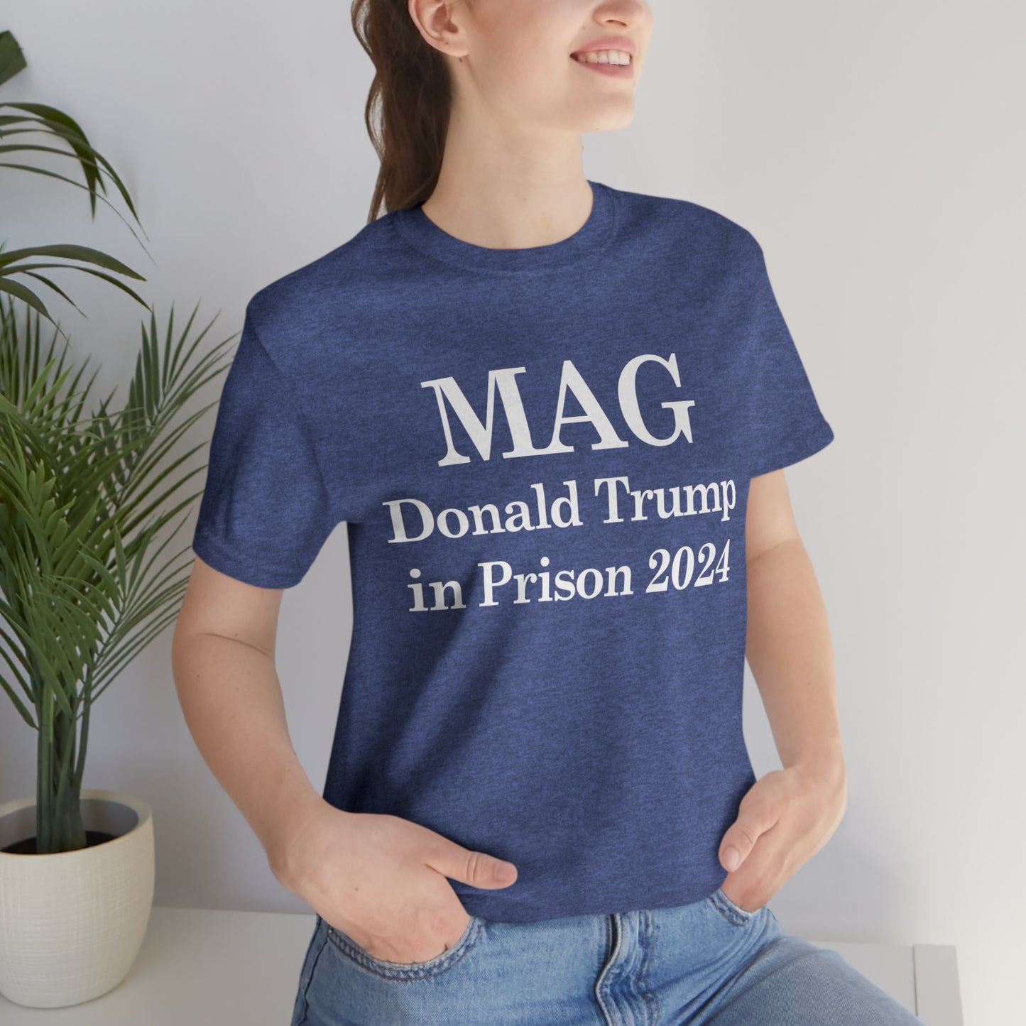 MAG: Donald Trump in Prison by 2024 Unisex Jersey Short Sleeve Blue/Red Tee (SirTalksALot Exclusive)