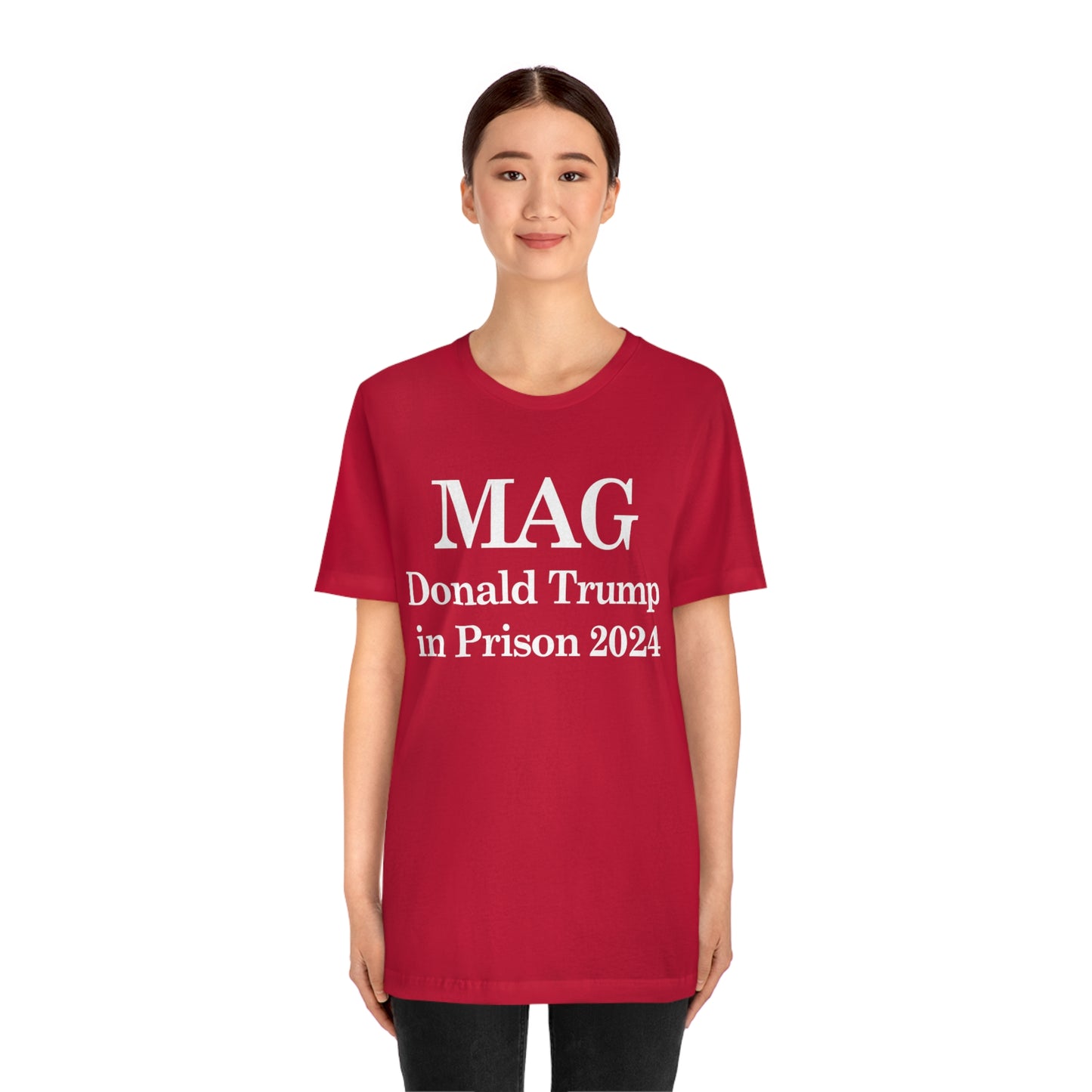 MAG: Donald Trump in Prison by 2024 Unisex Jersey Short Sleeve Blue/Red Tee (SirTalksALot Exclusive)