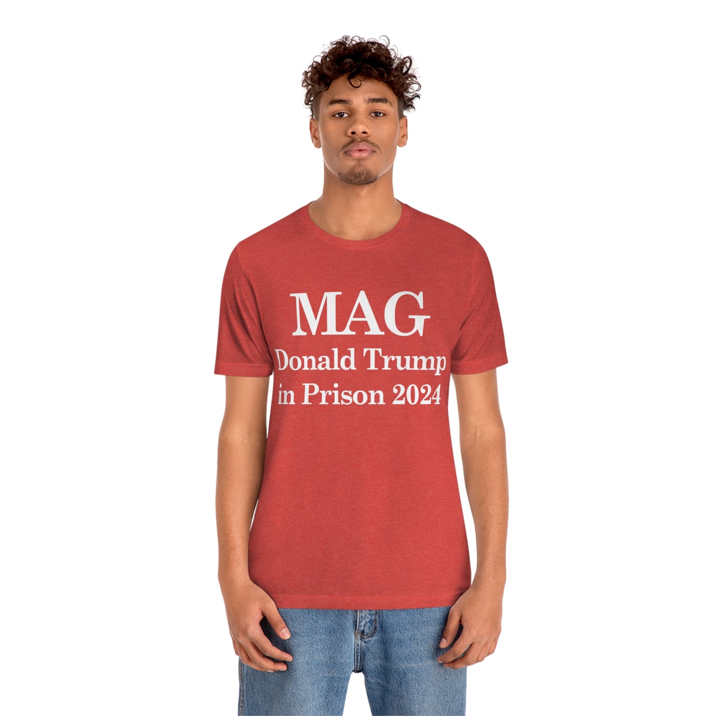 MAG: Donald Trump in Prison by 2024 Unisex Jersey Short Sleeve Blue/Red Tee (SirTalksALot Exclusive)