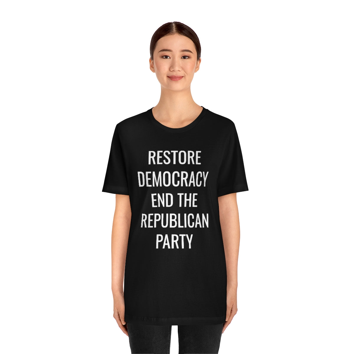 RESTORE DEMOCRACY... Unisex Jersey Short Sleeve Black Tee (SirTalksALot Exclusive)