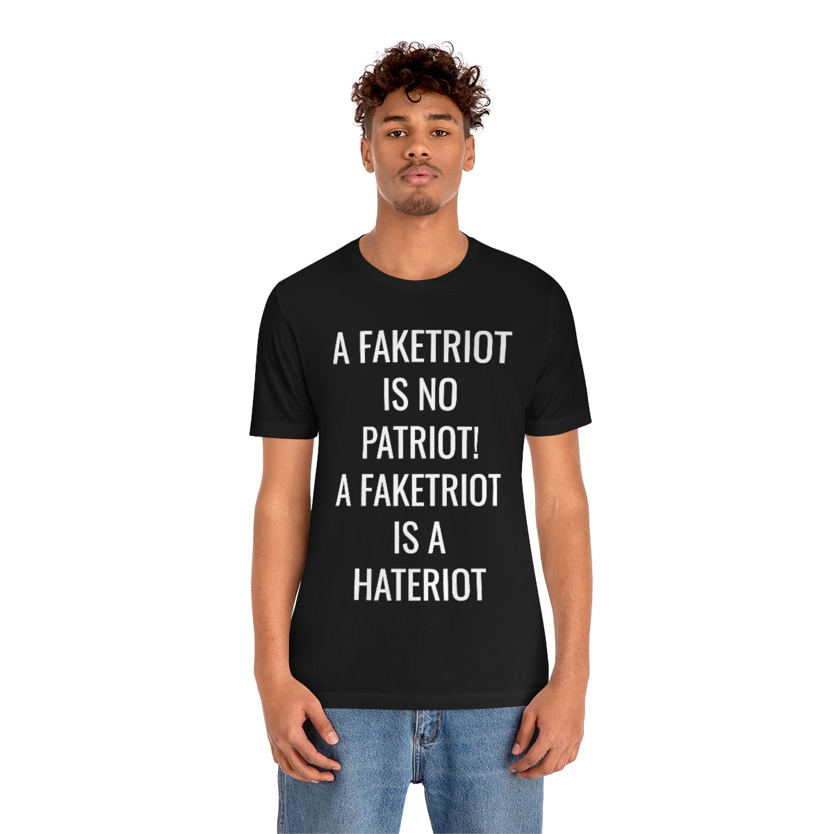 FAKETRIOT IS NO PATRIOT Unisex Jersey Short Sleeve Black Tee (SirTalksALot Exclusive)