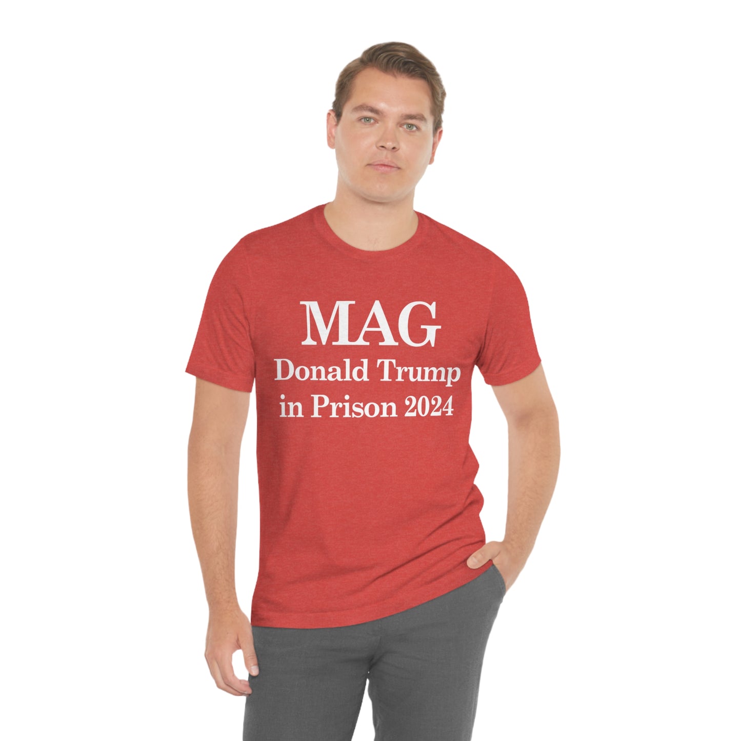 MAG: Donald Trump in Prison by 2024 Unisex Jersey Short Sleeve Blue/Red Tee (SirTalksALot Exclusive)