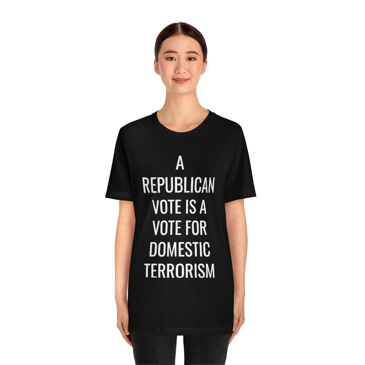 REPUBLICAN VOTE = DOMESTIC TERRORISM Unisex Jersey Short Sleeve Black Tee (SirTalksALot Exclusive)